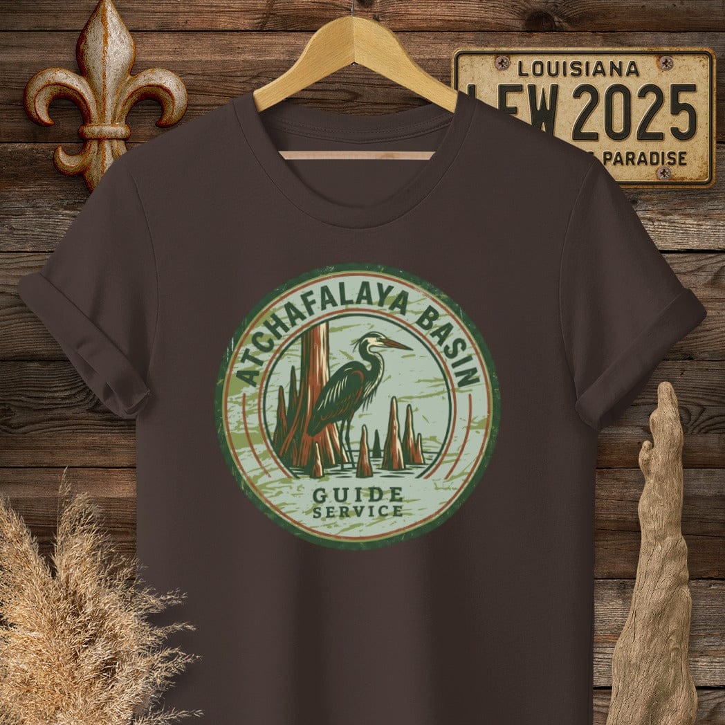S / Dark Chocolate Louisiana Atchafalaya Guide Service T-Shirt by Laissez Faire Wear