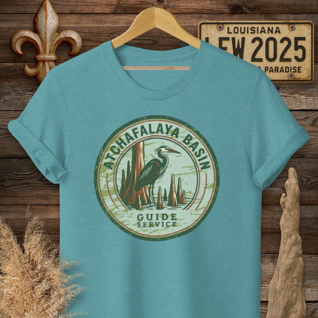 S / Heather Galapagos Blue Louisiana Atchafalaya Guide Service T-Shirt by Laissez Faire Wear