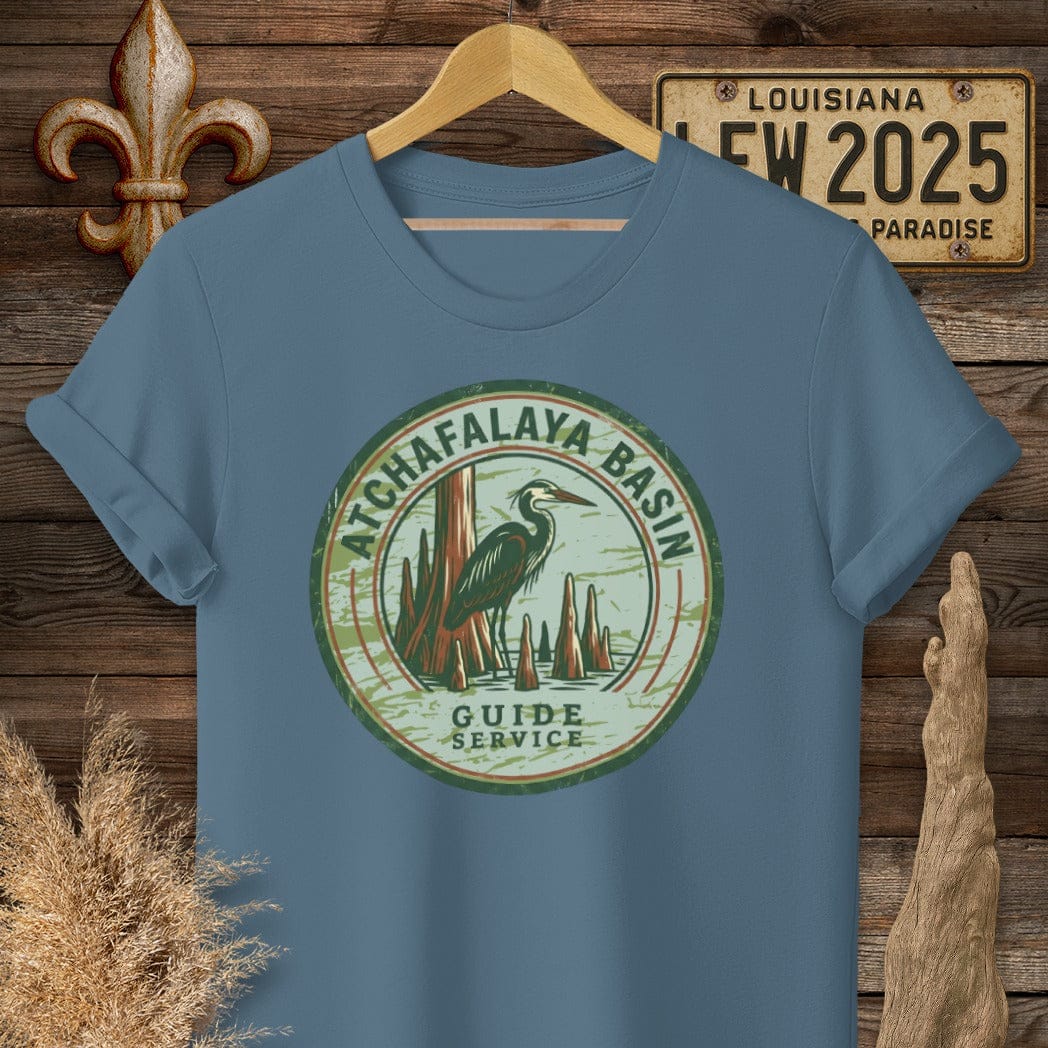 S / Indigo Blue Louisiana Atchafalaya Guide Service T-Shirt by Laissez Faire Wear