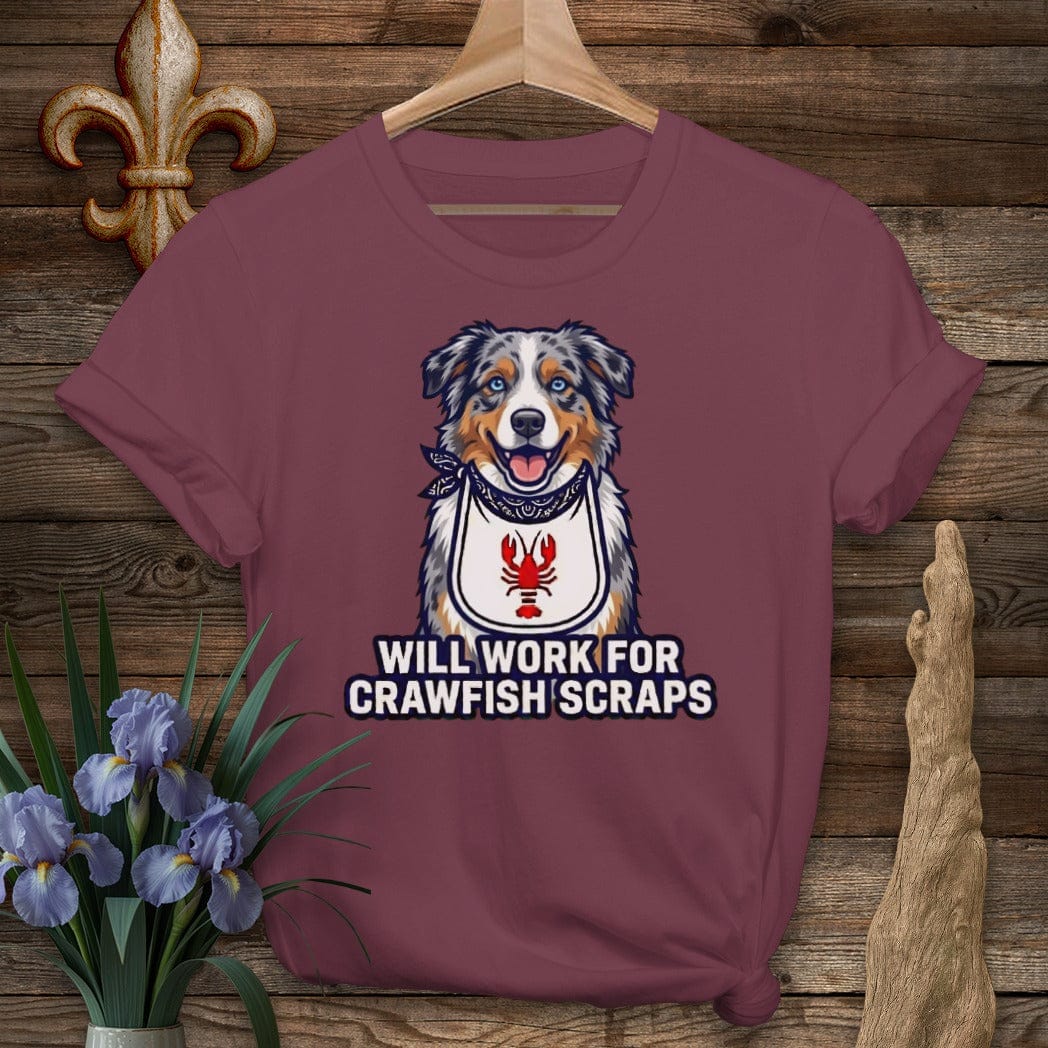 S / Maroon Louisiana Aussie Crawfish Scraps T-Shirt by Laissez Faire Wear
