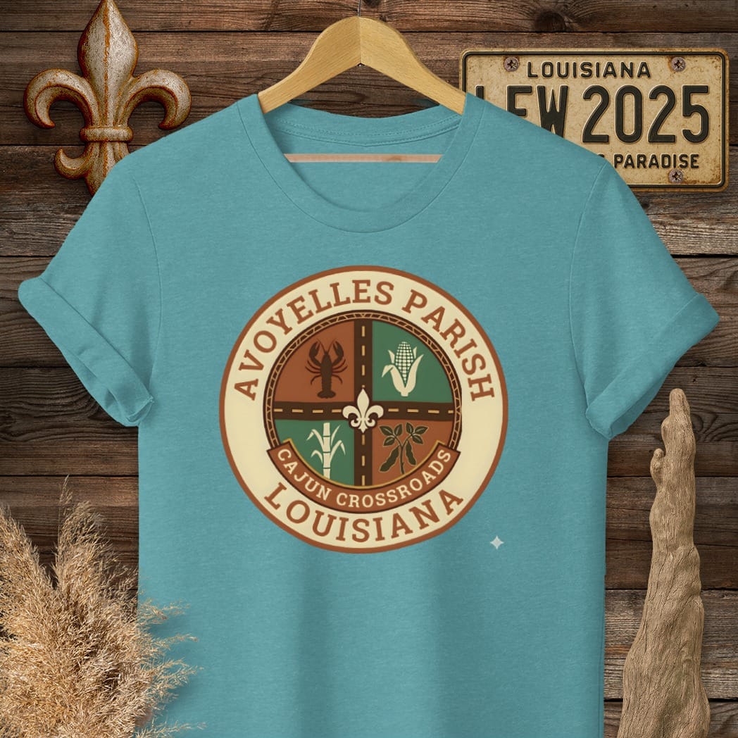 S / Heather Galapagos Blue Louisiana Avoyelles Parish T-Shirt by Laissez Faire Wear