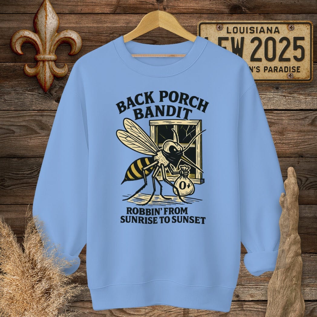 S / Carolina Blue Louisiana Back Porch Bandit Mosquito Sweatshirt by Laissez Faire Wear