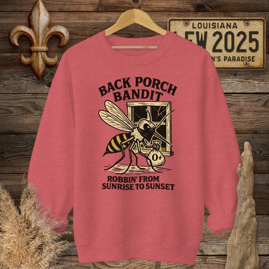 S / Heather Scarlet Red Louisiana Back Porch Bandit Mosquito Sweatshirt by Laissez Faire Wear
