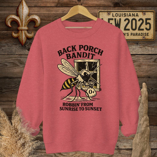 S / Heather Scarlet Red Louisiana Back Porch Bandit Mosquito Sweatshirt by Laissez Faire Wear