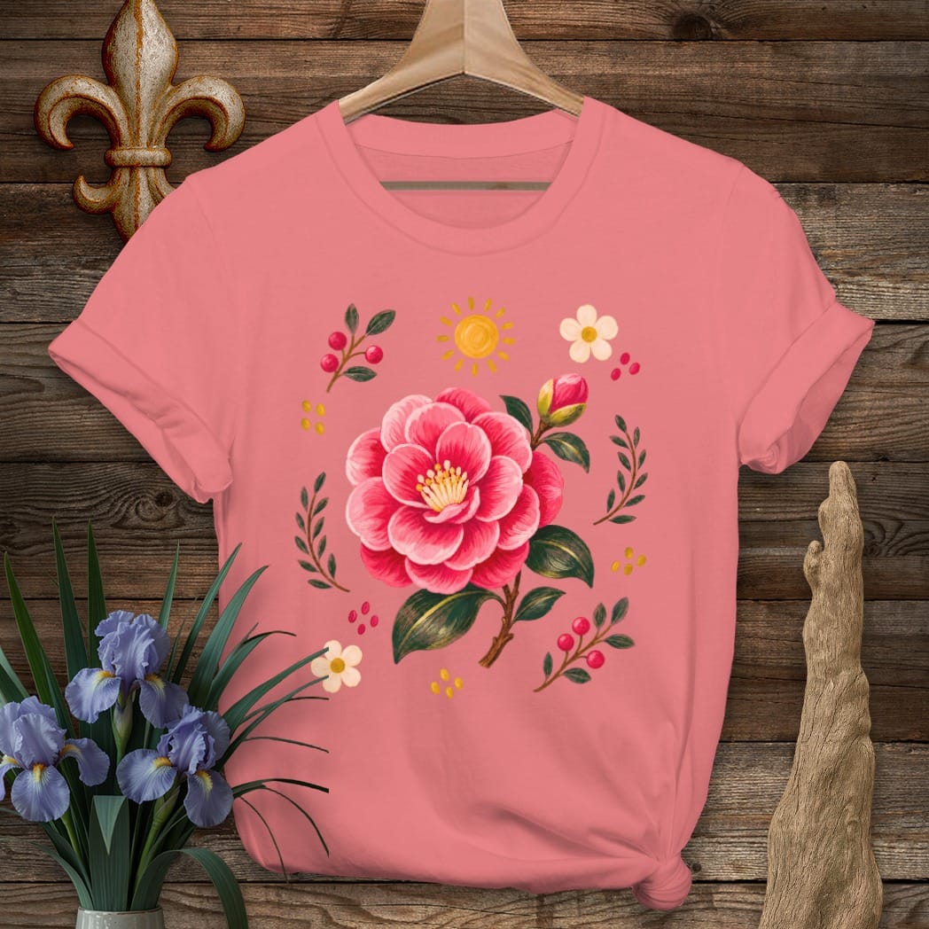 S / Coral Silk Louisiana Backyard Camellia T-Shirt by Laissez Faire Wear