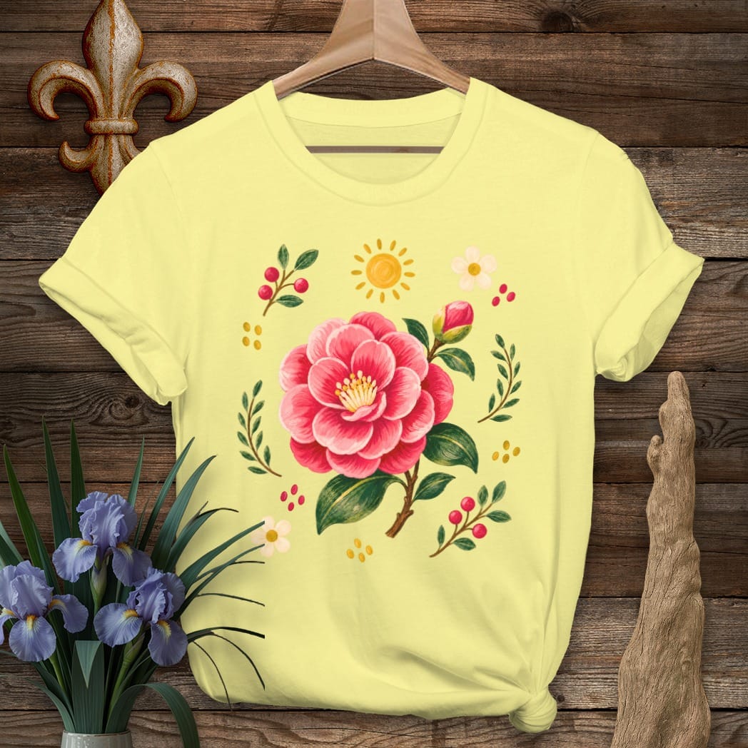 S / Cornsilk Louisiana Backyard Camellia T-Shirt by Laissez Faire Wear