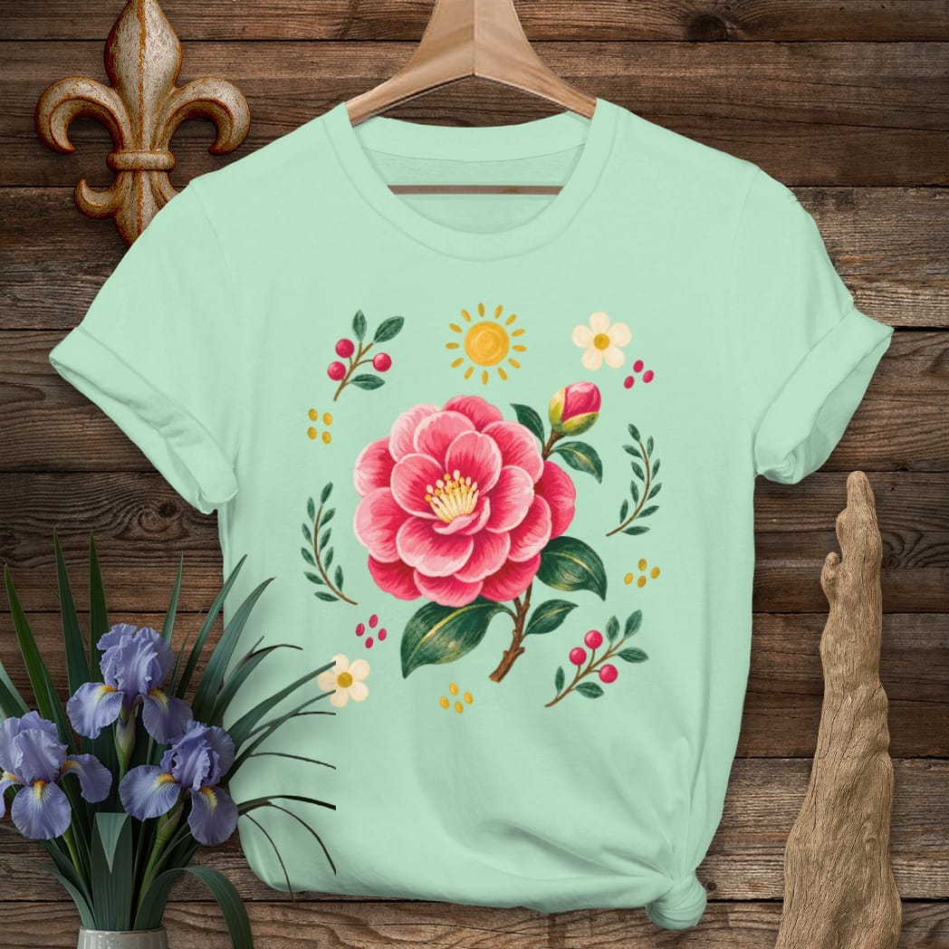 S / Mint Green Louisiana Backyard Camellia T-Shirt by Laissez Faire Wear