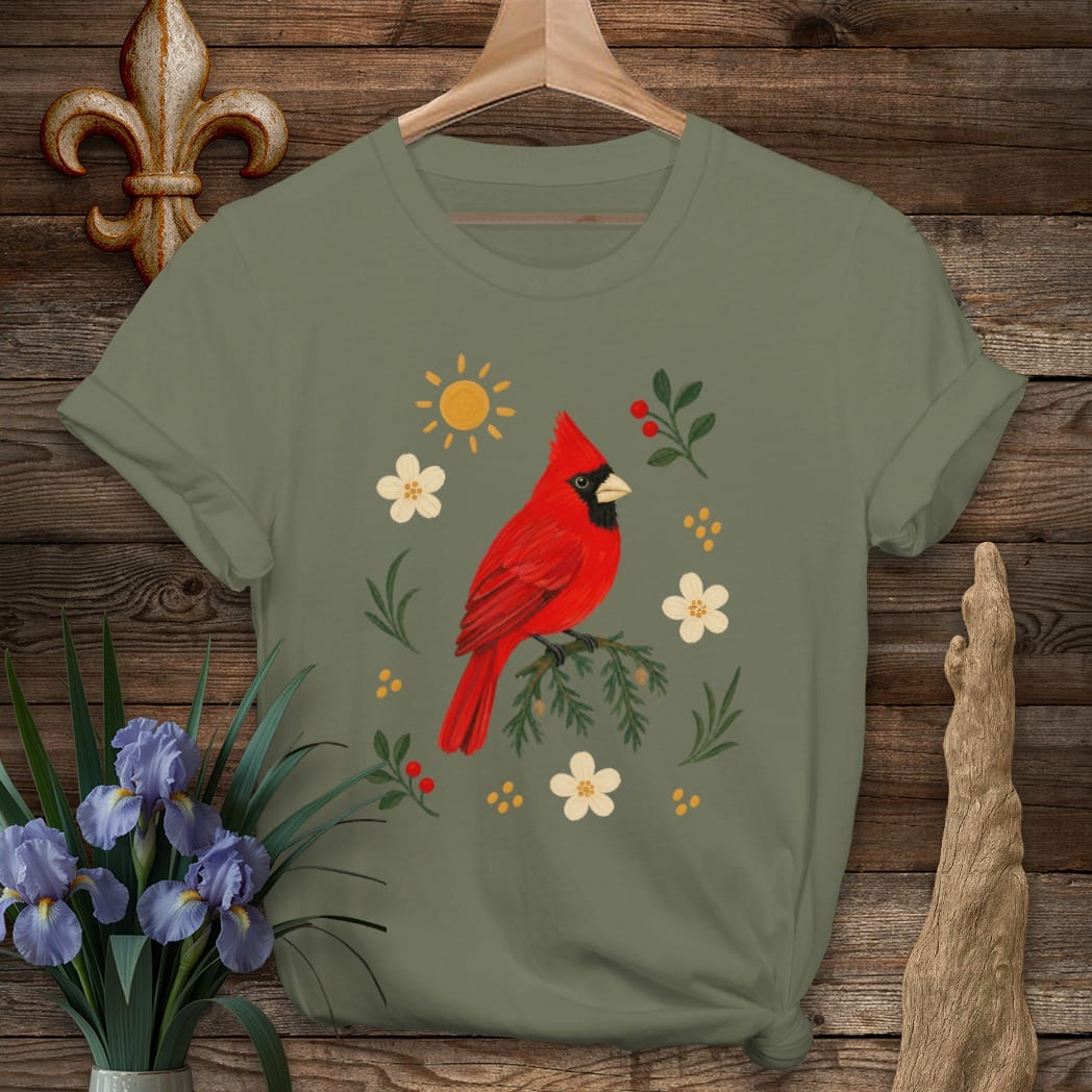 S / Military Green Louisiana Backyard Cardinal T-Shirt by Laissez Faire Wear
