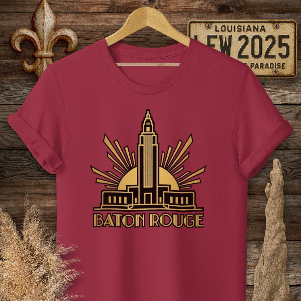 S / Cardinal Red Louisiana Baton Rouge Art Deco T-Shirt by Laissez Faire Wear