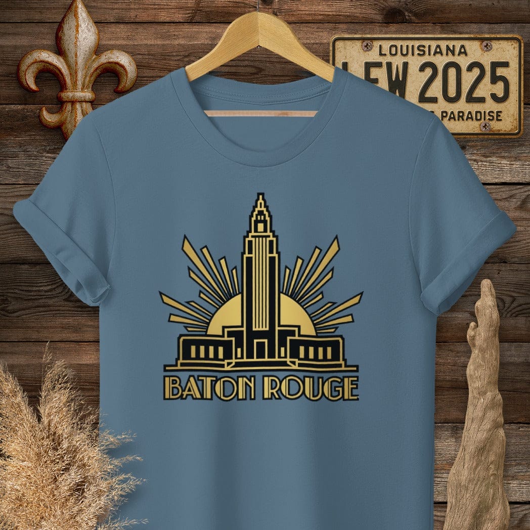S / Indigo Blue Louisiana Baton Rouge Art Deco T-Shirt by Laissez Faire Wear