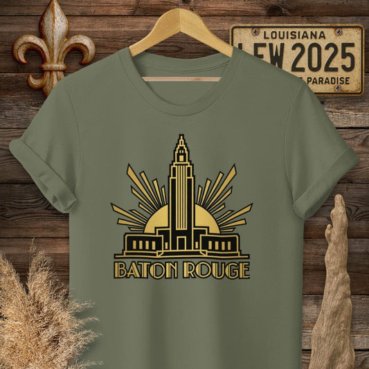 S / Military Green Louisiana Baton Rouge Art Deco T-Shirt by Laissez Faire Wear