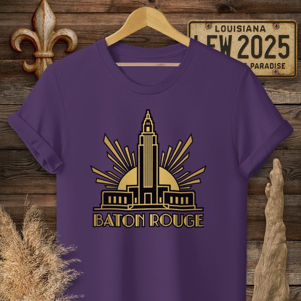 S / Purple Louisiana Baton Rouge Art Deco T-Shirt by Laissez Faire Wear