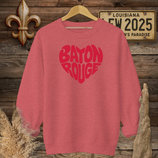 S / Heather Scarlet Red Louisiana Baton Rouge Heart Sweatshirt by Laissez Faire Wear