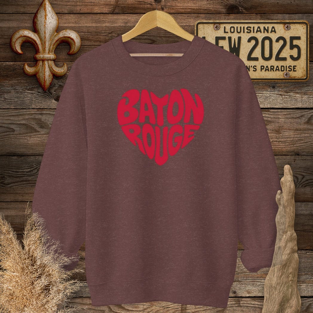 S / Heather Sport Dark Maroon Louisiana Baton Rouge Heart Sweatshirt by Laissez Faire Wear