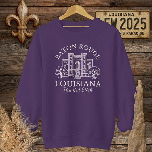 S / Purple Louisiana Baton Rouge - The Red Stick Heritage Sweatshirt by Laissez Faire Wear