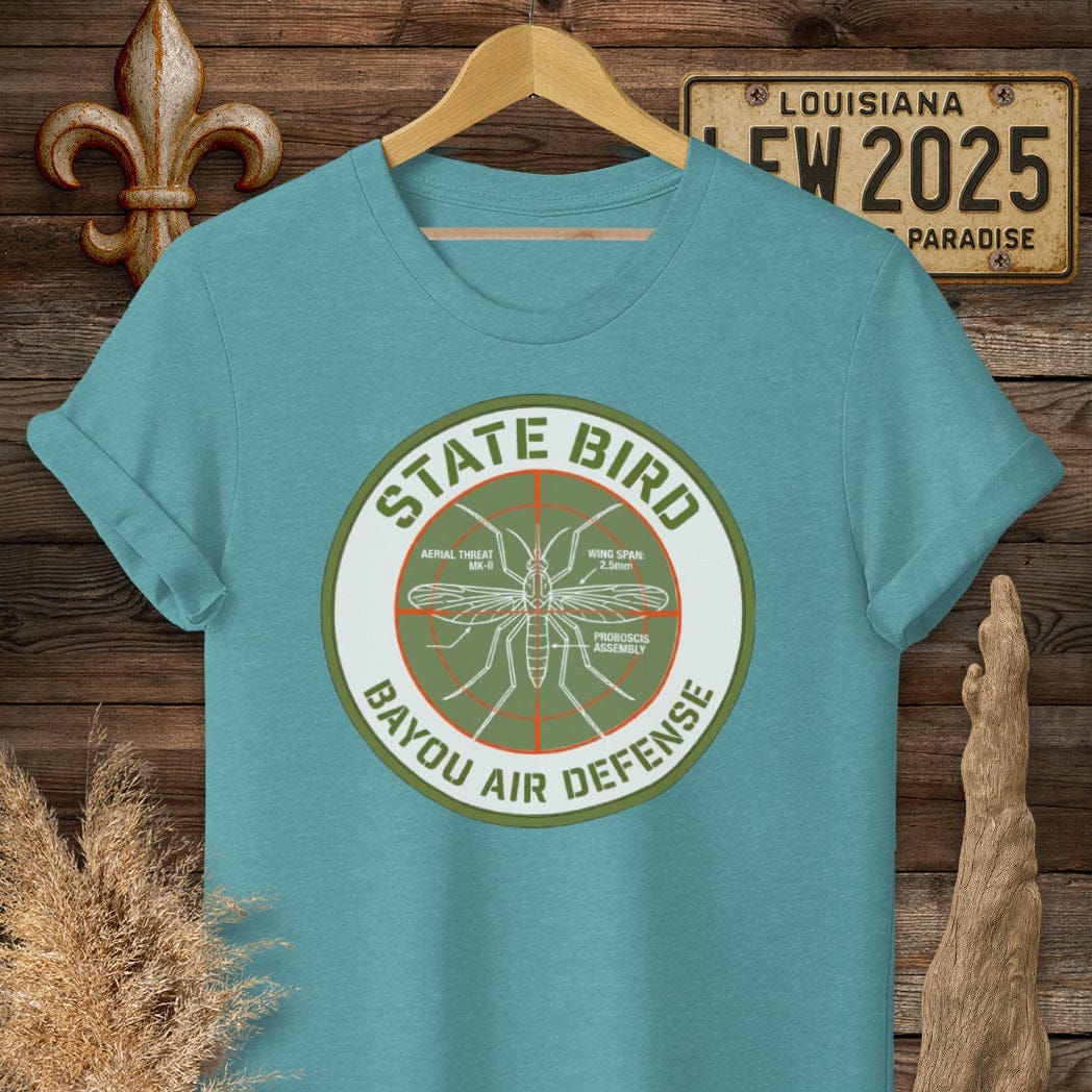 S / Heather Galapagos Blue Louisiana Bayou Air Defense T-Shirt by Laissez Faire Wear