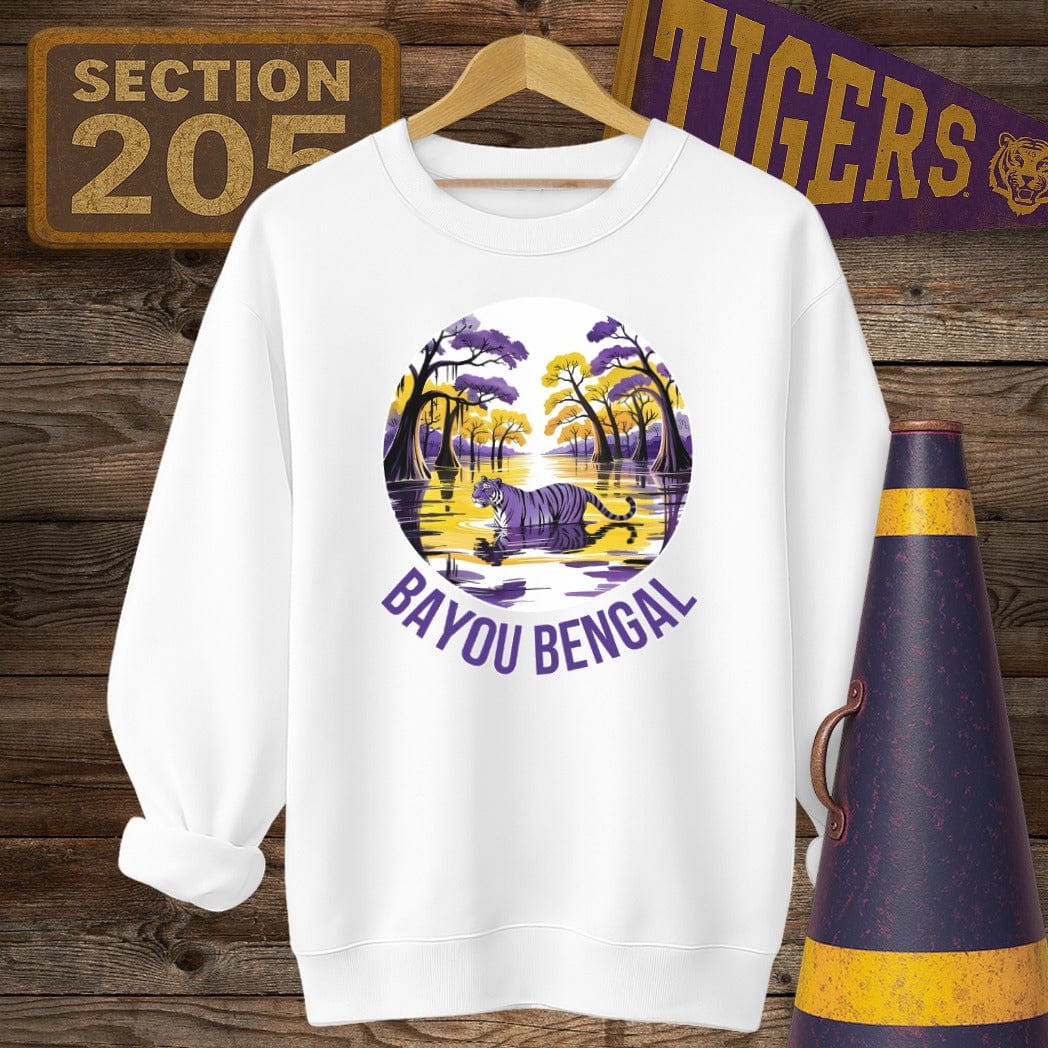 S / White Louisiana Bayou Bengal Tiger Game Day Sweatshirt by Laissez Faire Wear