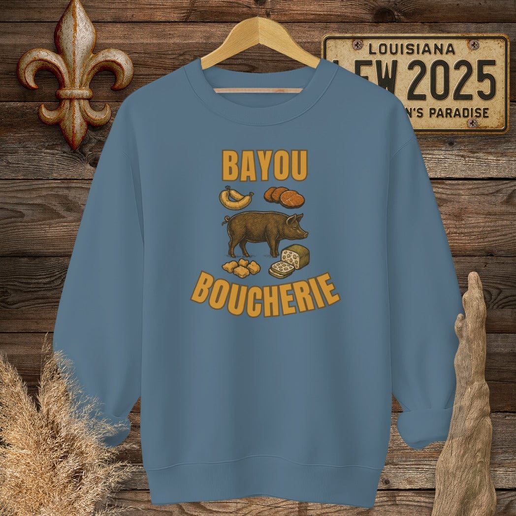 S / Indigo Blue Louisiana Bayou Boucherie Sweatshirt by Laissez Faire Wear