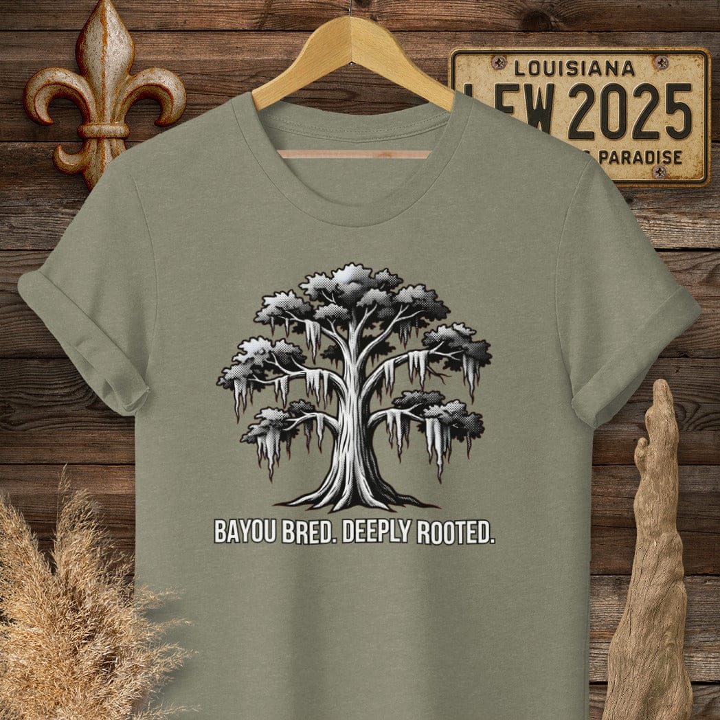 S / Heather Military Green Louisiana Bayou Bred. Deeply Rooted. T-Shirt by Laissez Faire Wear