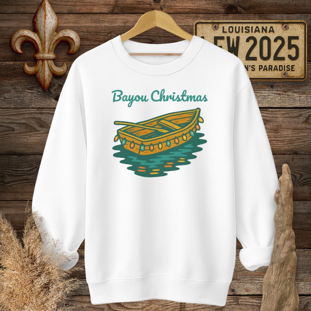 S / White Louisiana Bayou Christmas Holiday Sweatshirt by Laissez Faire Wear
