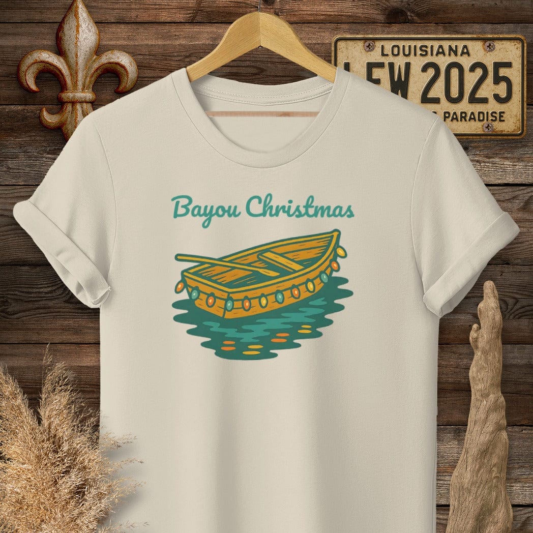 S / Sand Louisiana Bayou Christmas Holiday T-Shirt by Laissez Faire Wear