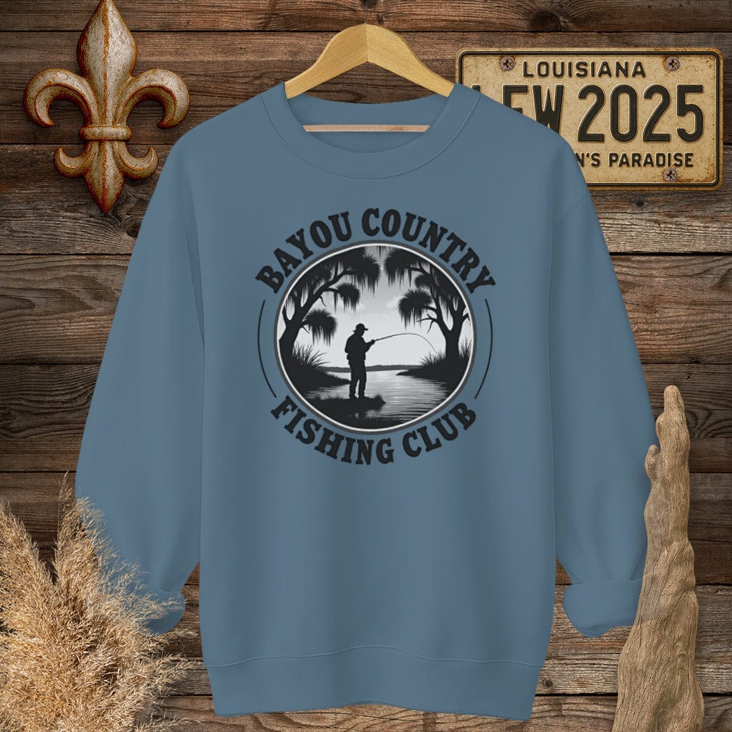 S / Indigo Blue Louisiana Bayou Country Fishing Club Logo Sweatshirt by Laissez Faire Wear