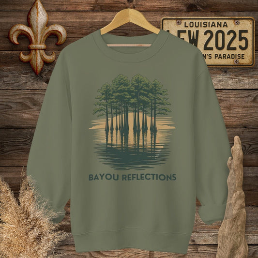 S / Military Green Louisiana Bayou Reflections Sweatshirt by Laissez Faire Wear