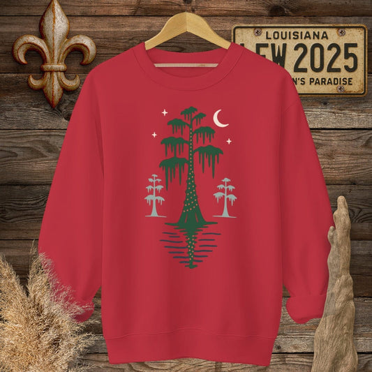 S / Cherry Red Louisiana Bayou Silent Night Christmas Sweatshirt by Laissez Faire Wear
