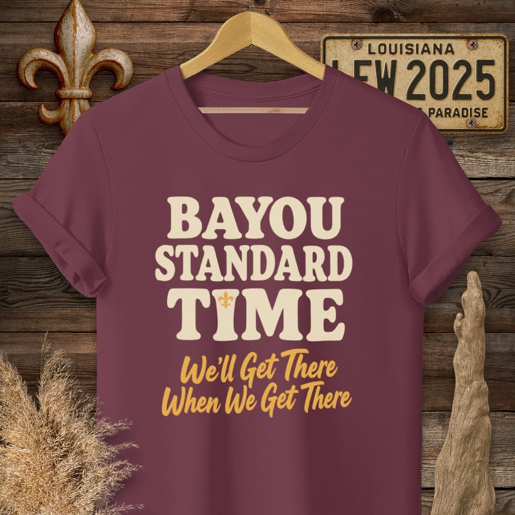 S / Maroon Louisiana Bayou Standard Time T-Shirt by Laissez Faire Wear
