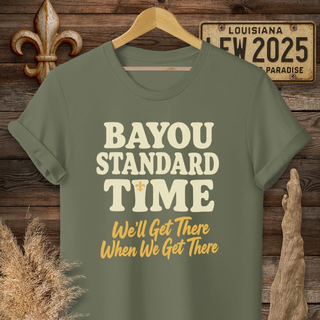 S / Military Green Louisiana Bayou Standard Time T-Shirt by Laissez Faire Wear