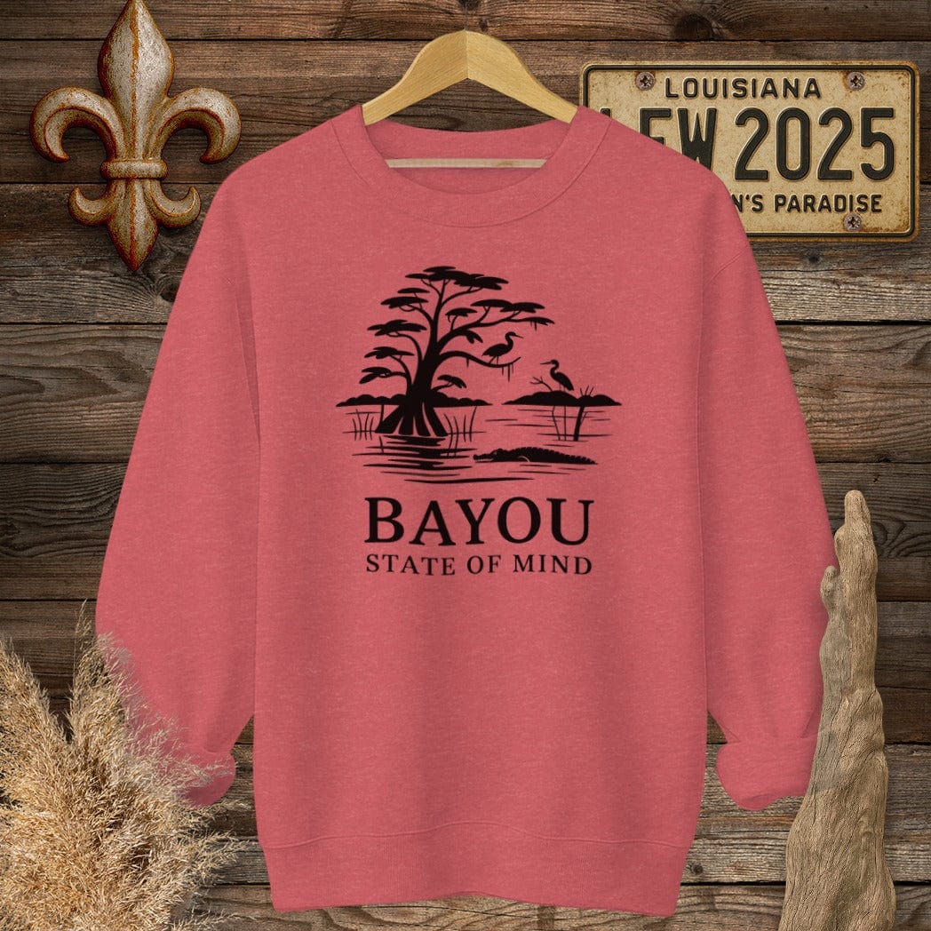 S / Heather Scarlet Red Louisiana Bayou State Of Mind Nature Sweatshirt by Laissez Faire Wear