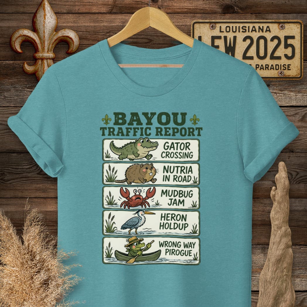 S / Heather Galapagos Blue Louisiana Bayou Traffic T-Shirt by Laissez Faire Wear