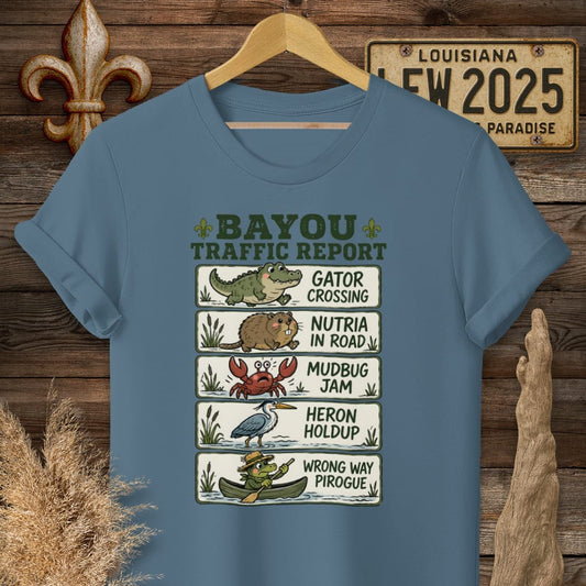 S / Indigo Blue Louisiana Bayou Traffic T-Shirt by Laissez Faire Wear