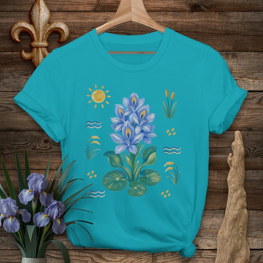 S / Tropical Blue Louisiana Bayou Water Hyacinth T-Shirt by Laissez Faire Wear