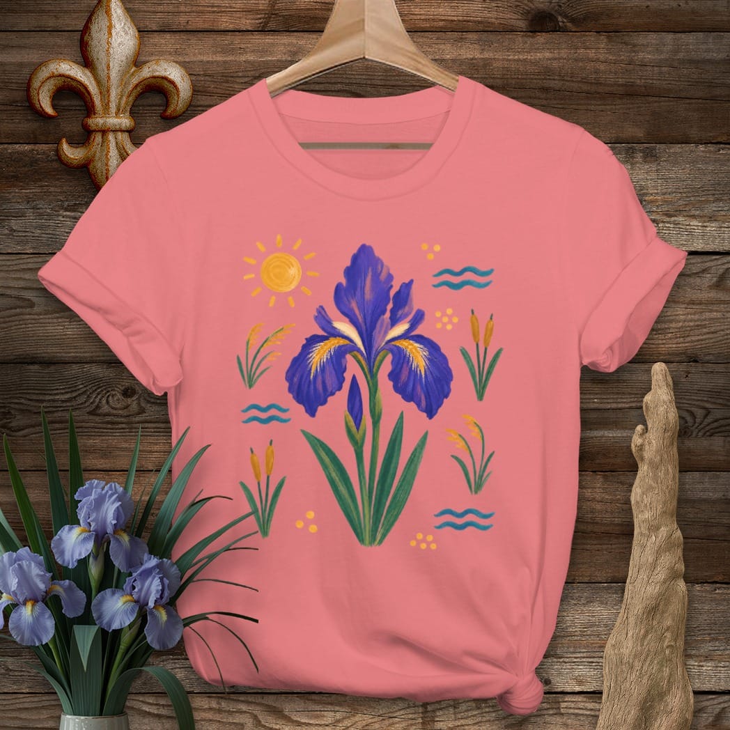 S / Coral Silk Louisiana Bayou Wild Iris T-Shirt by Laissez Faire Wear