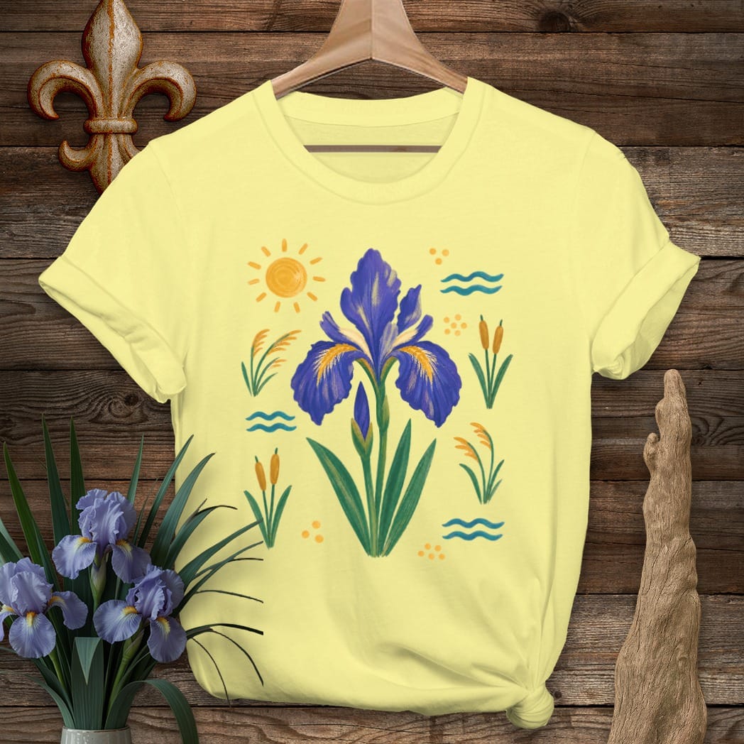 S / Cornsilk Louisiana Bayou Wild Iris T-Shirt by Laissez Faire Wear