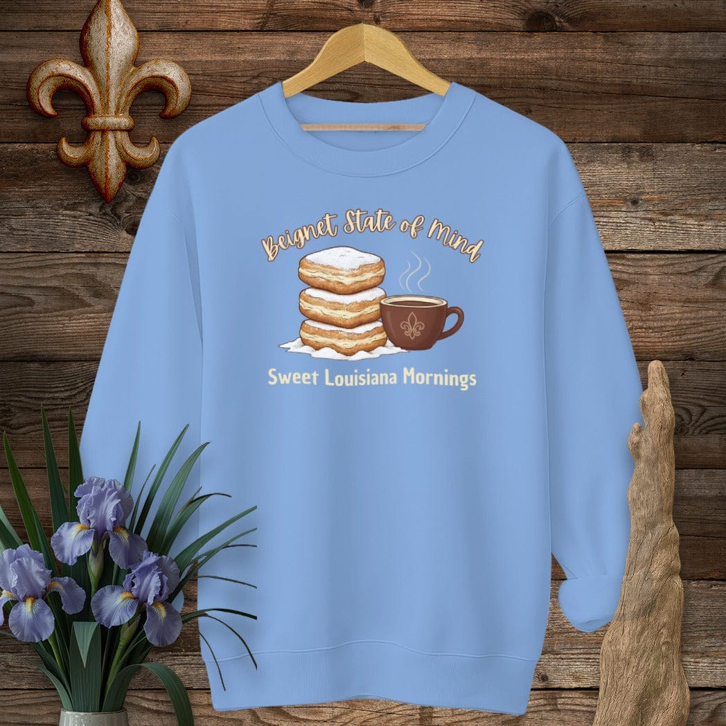 S / Carolina Blue Louisiana Beignet State of Mind Sweatshirt by Laissez Faire Wear