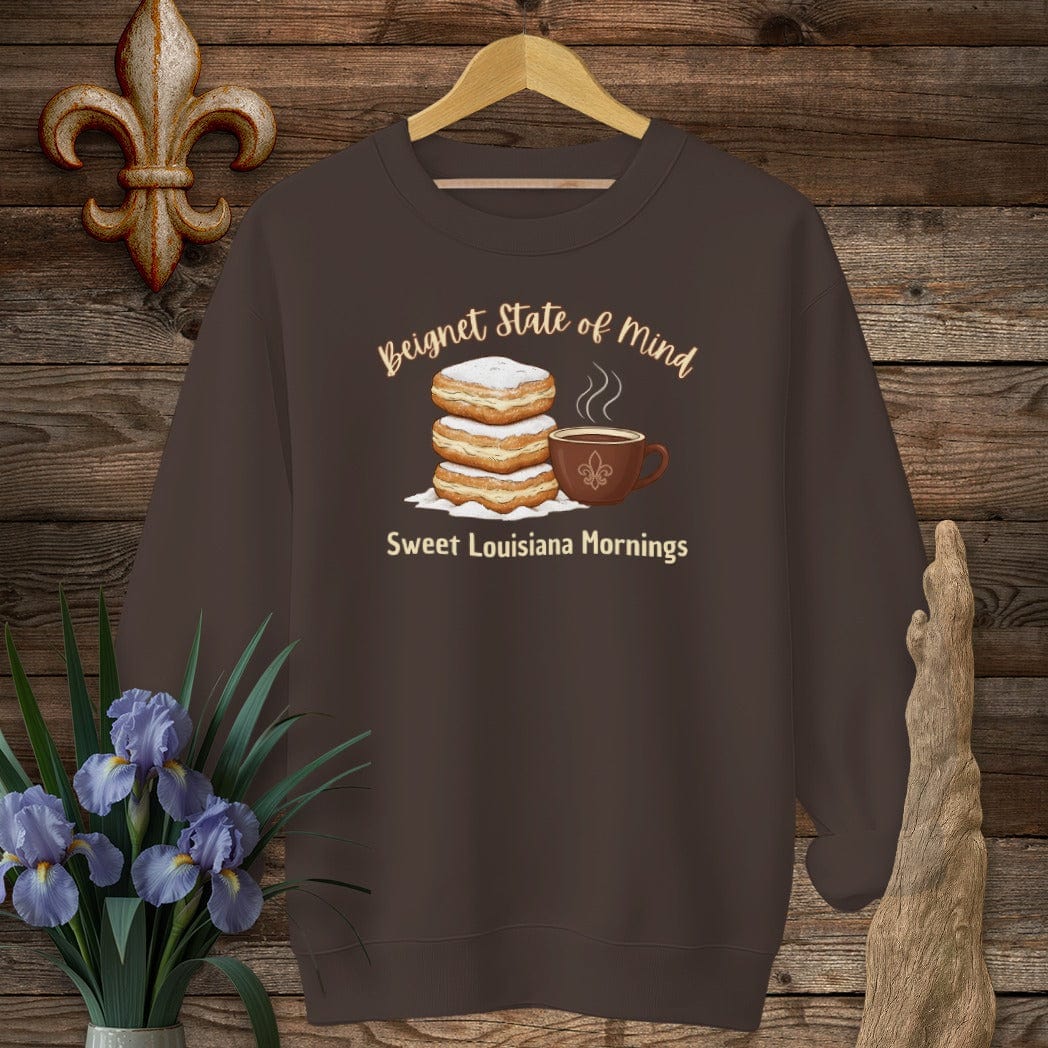 S / Dark Chocolate Louisiana Beignet State of Mind Sweatshirt by Laissez Faire Wear