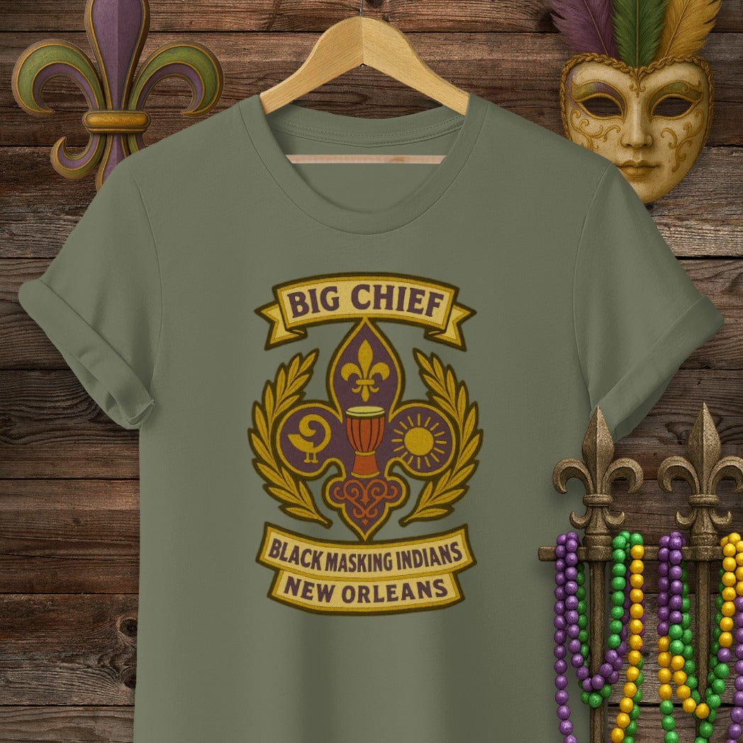 S / Military Green Louisiana Big Chief Black Masking Indians T-Shirt by Laissez Faire Wear