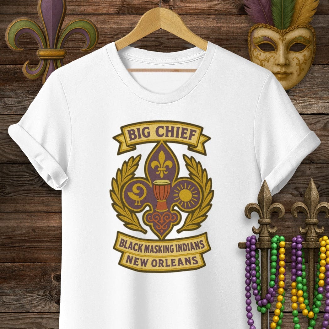 S / White Louisiana Big Chief Black Masking Indians T-Shirt by Laissez Faire Wear
