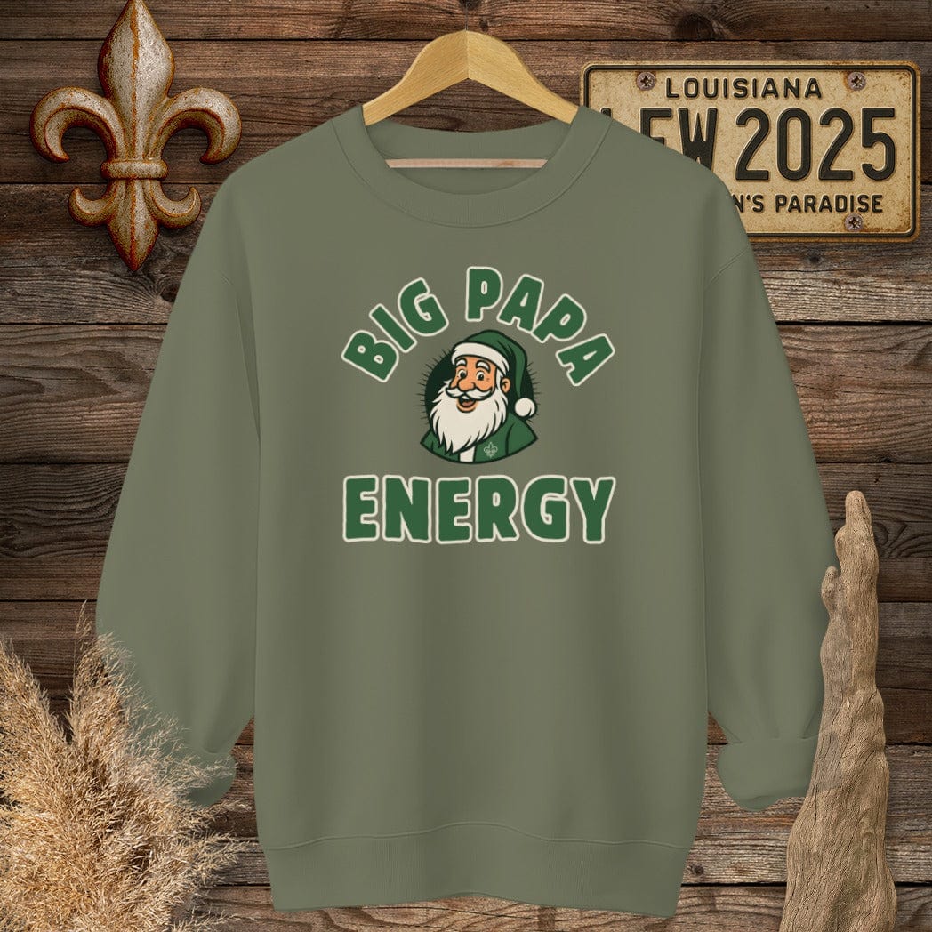 S / Military Green Louisiana Big Papa Energy Christmas Sweatshirt by Laissez Faire Wear