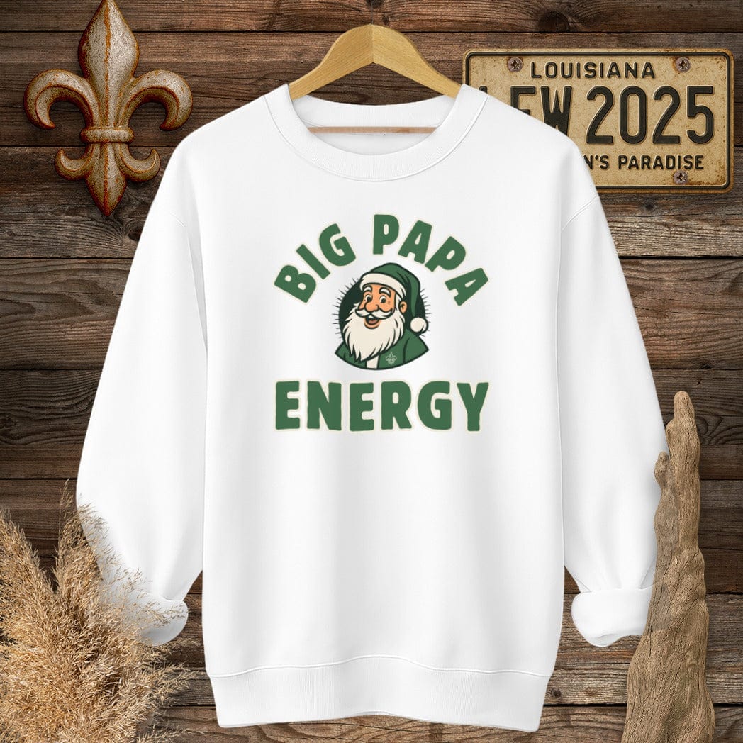 S / White Louisiana Big Papa Energy Christmas Sweatshirt by Laissez Faire Wear