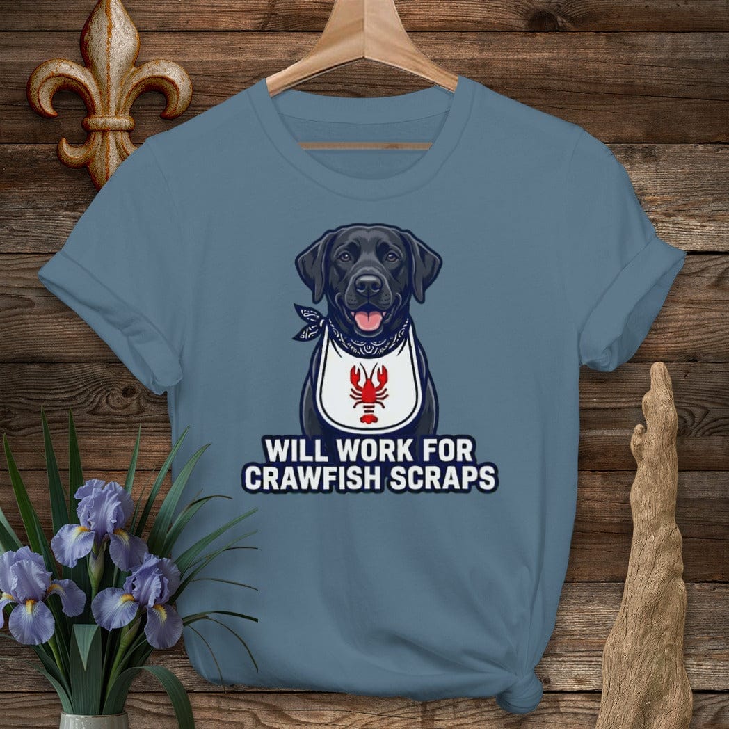 S / Indigo Blue Louisiana Black Lab Crawfish Scraps T-Shirt by Laissez Faire Wear