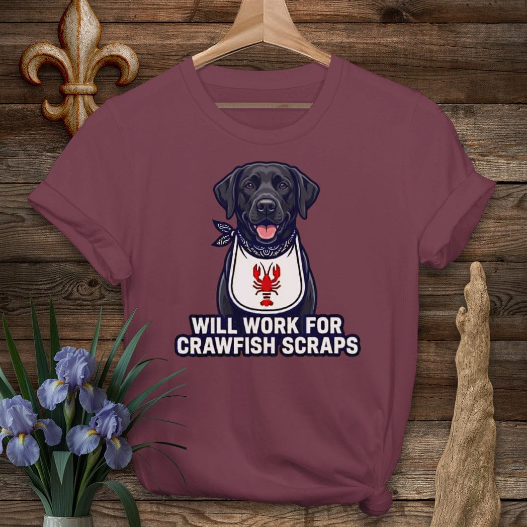 S / Maroon Louisiana Black Lab Crawfish Scraps T-Shirt by Laissez Faire Wear
