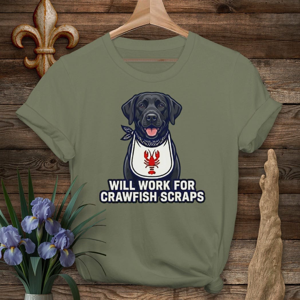 S / Military Green Louisiana Black Lab Crawfish Scraps T-Shirt by Laissez Faire Wear