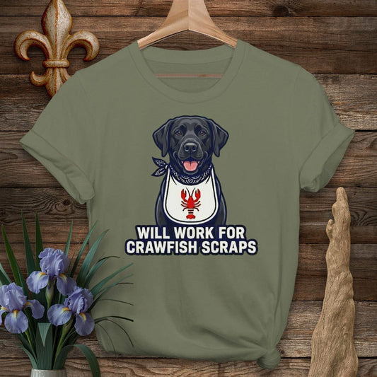 S / Military Green Louisiana Black Lab Crawfish Scraps T-Shirt by Laissez Faire Wear