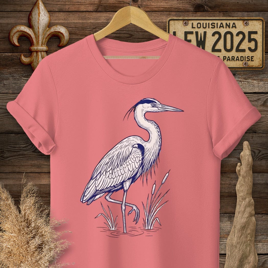 S / Coral Silk Louisiana Blue Heron T-Shirt by Laissez Faire Wear