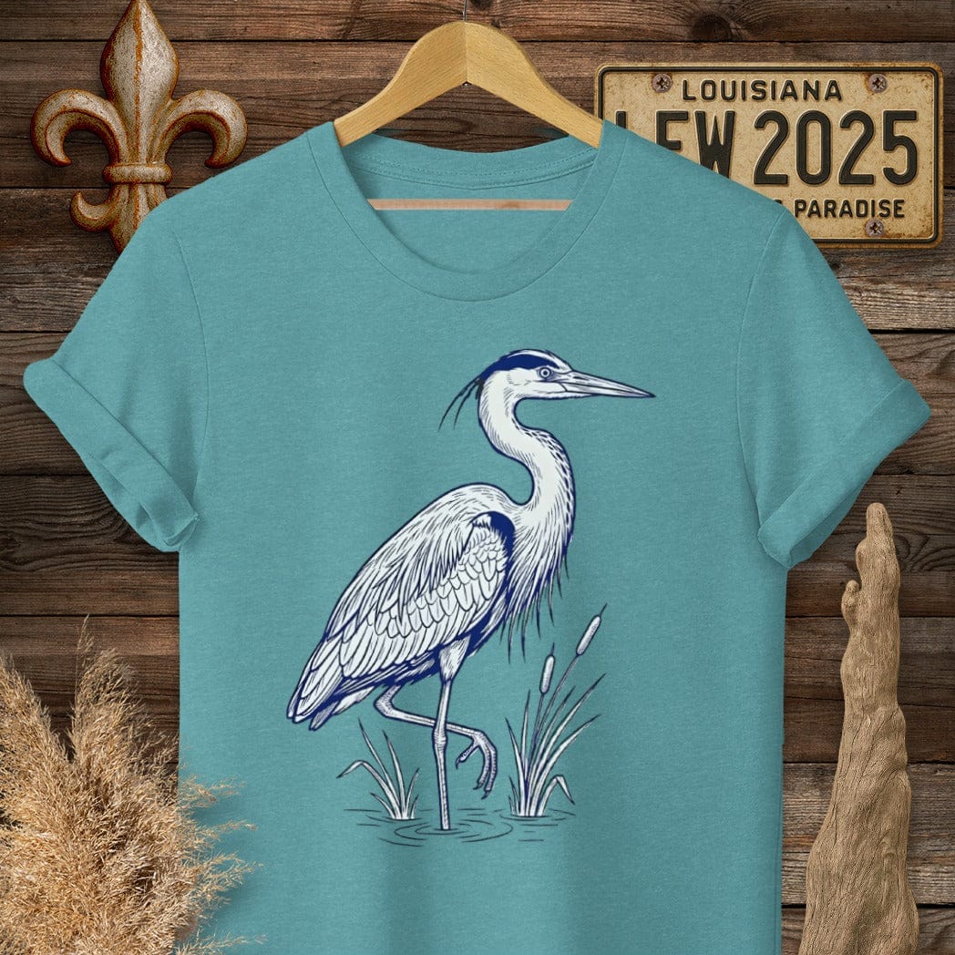 S / Heather Galapagos Blue Louisiana Blue Heron T-Shirt by Laissez Faire Wear