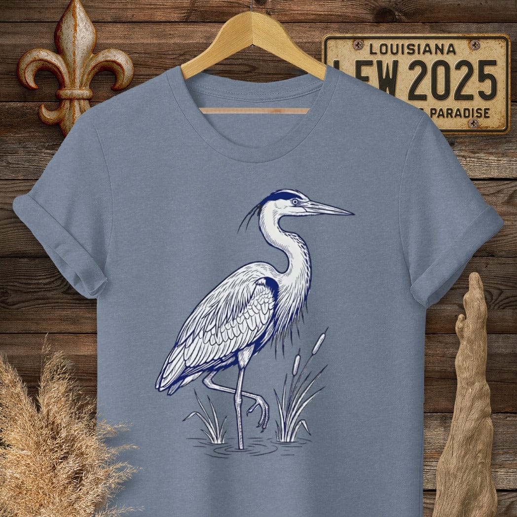 S / Heather Indigo Louisiana Blue Heron T-Shirt by Laissez Faire Wear