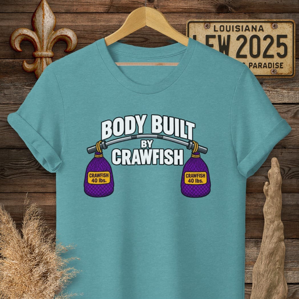 S / Heather Galapagos Blue Louisiana Body Built by Crawfish T-Shirt by Laissez Faire Wear
